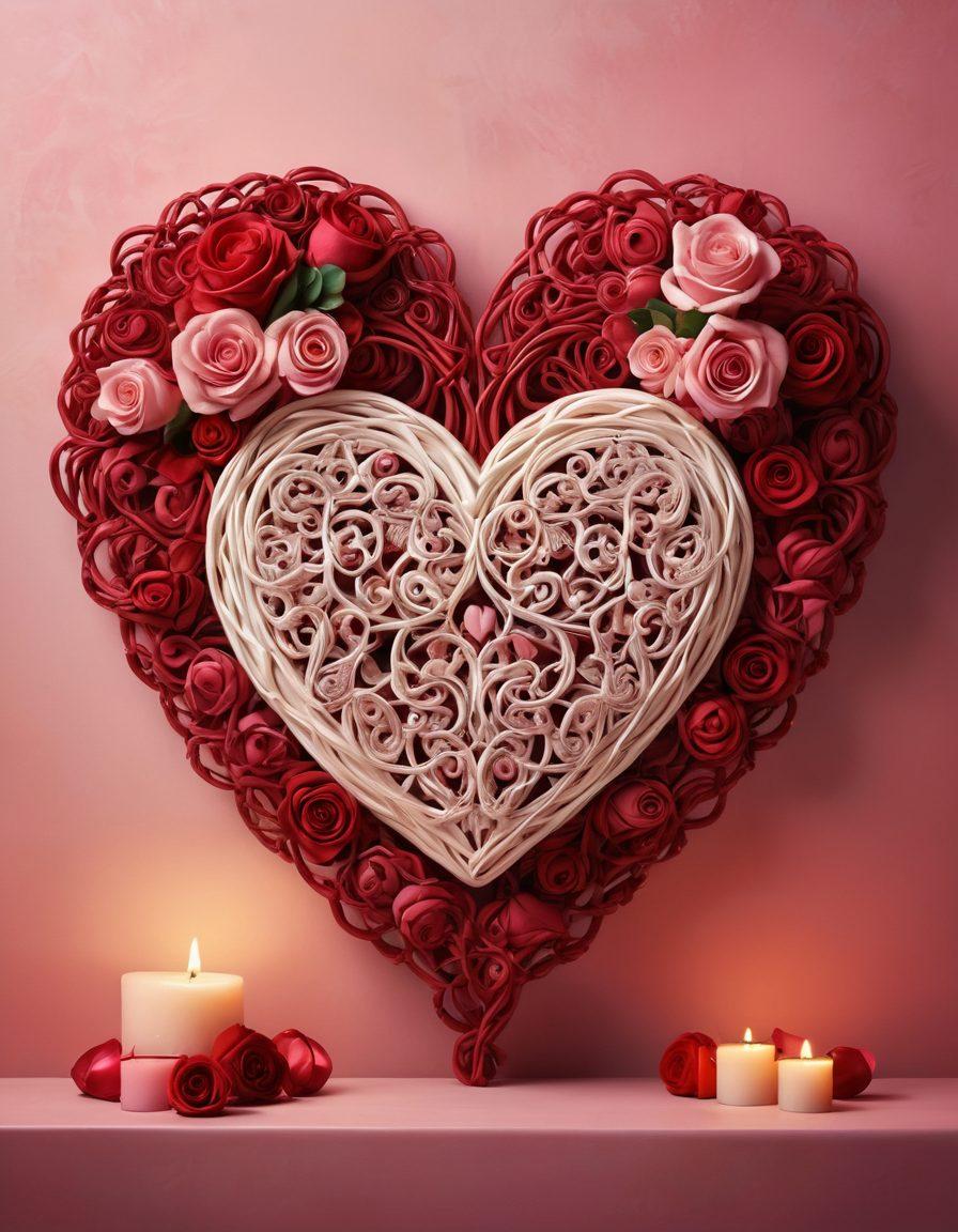 A beautifully designed heart composed of intricate knots and ribbons, symbolizing the complexities of love and intimacy. Surrounding the heart are delicate elements representing romance, such as roses and soft candlelight, interspersed with playful imagery of balanced scales depicting anal play. The color palette should evoke passion with deep reds and soft pinks, against a dreamy, blurred background that suggests a cozy setting. bold illustrations. vibrant colors. soft focus.
