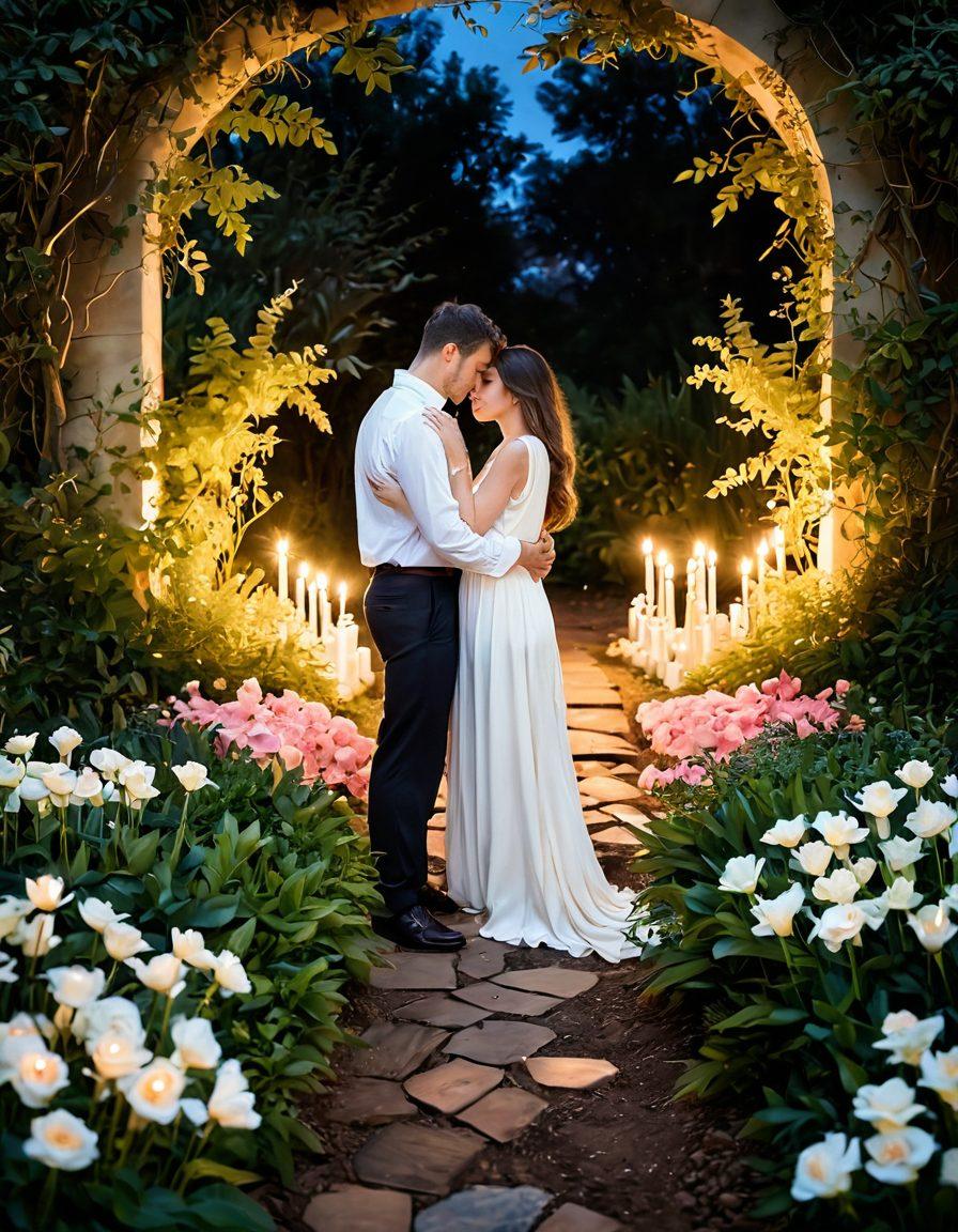 A serene, intimate setting with two figures gently embracing, surrounded by soft candlelight and delicate petals, symbolizing affection. In the background, a pathway leading into a lush garden represents exploration and adventure in intimacy. Subtle hints of abstract art intertwining with natural elements highlight a journey of deepening connections. warm tones, soft focus. painting.
