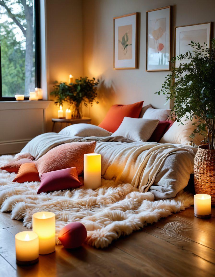 A serene and inviting space featuring an array of colorful, artfully designed intimacy toys, arranged harmoniously on a soft, plush surface. In the background, warm candlelight flickers, creating a cozy atmosphere that encourages exploration and connection. Subtle hints of nature, like soft greenery and delicate flowers, enhance the organic feel. Ethereal wisps of light suggest gentle energy, inviting curiosity and openness. painterly style. warm tones. soft focus.